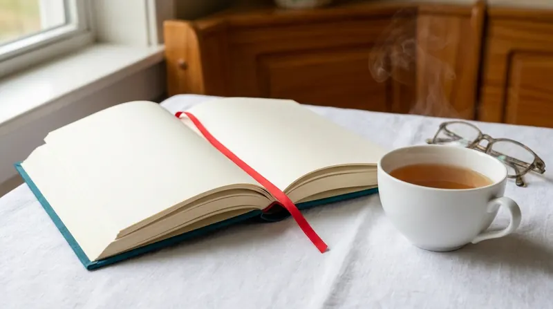 Close-up of a hardcover journal with a ribbon bookmark lying open beside a steaming porcelain cup of amber herbal tea on a linen tablecloth