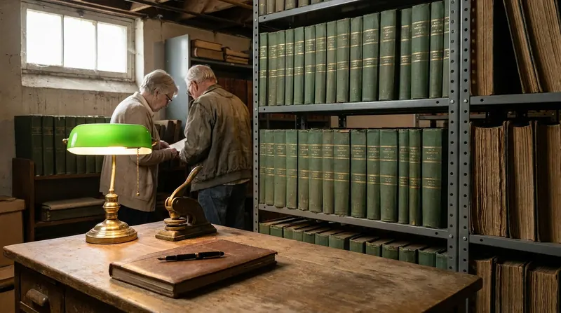 Rows of green clothbound record books on a steel shelf in a quiet town hall basement beside a wooden desk with a brass seal press