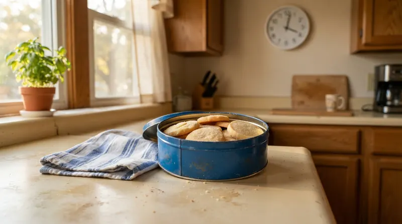 A round blue cookie tin sitting open on a kitchen counter in warm afternoon light beside a wall clock