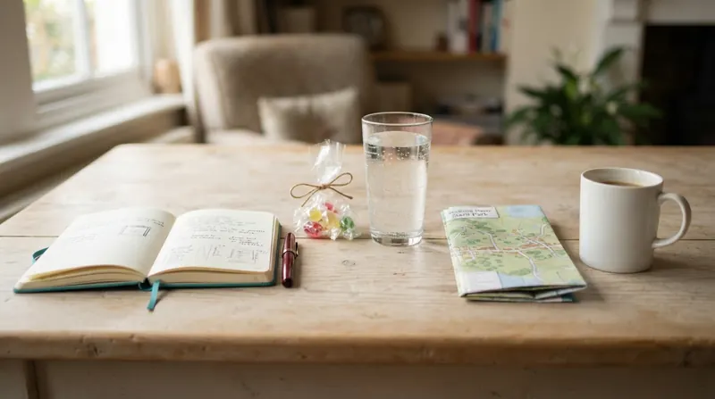 A wooden kitchen table with a teal journal, a red-ink pen, a bag of hard candies and a glass of water arranged in a row