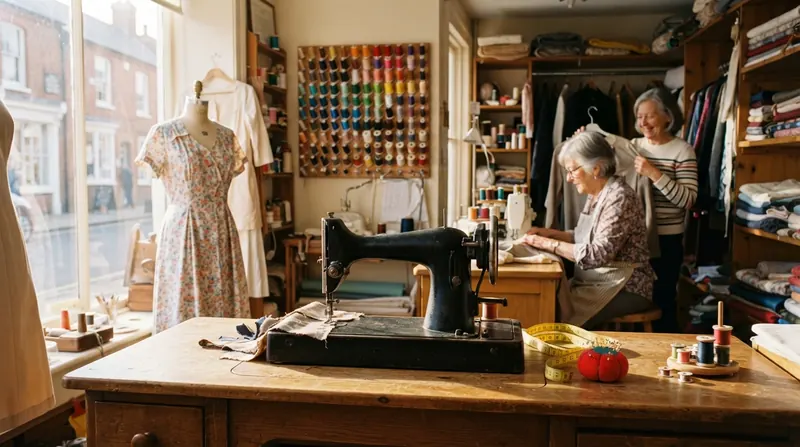 A small-town alterations shop with a sewing machine, a dress form, spools of thread and a measuring tape on a wooden counter