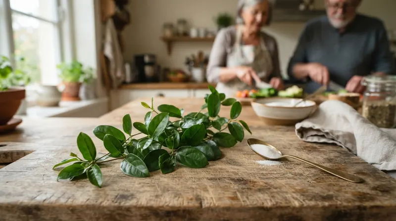 A sprig of small oval green vine leaves lying on a wooden board in soft sunlight