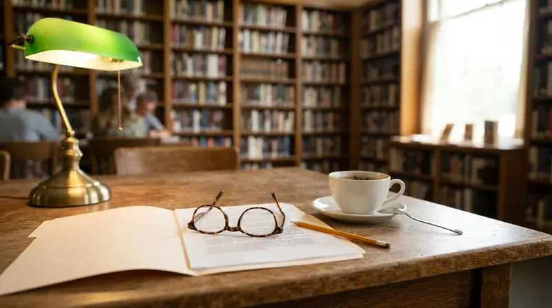 A library reading table with an open folder of printed pages, reading glasses and a cup of tea under a green lamp