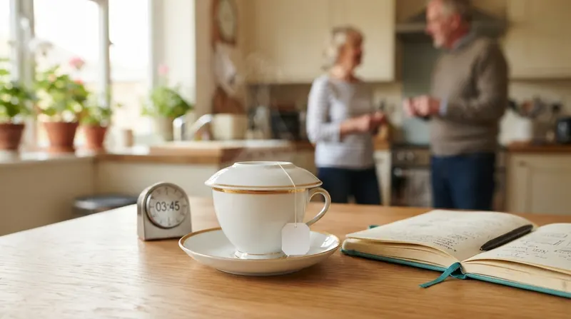A tea bag steeping in a white porcelain cup covered by an upturned saucer, a wisp of steam escaping at the edge