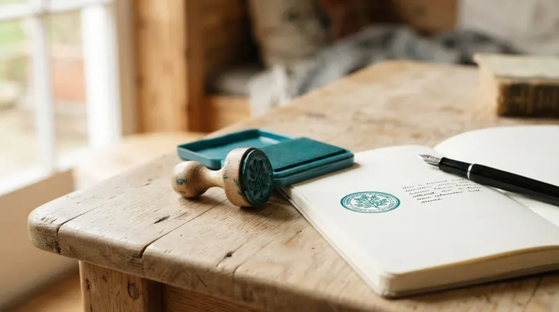 A round rubber stamp and a teal ink pad beside a journal page with a freshly stamped circle in teal ink