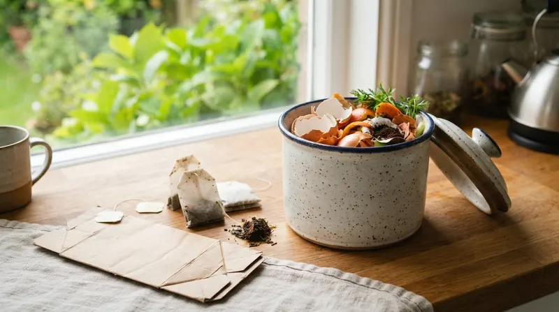 Used paper tea bags and a flattened cardboard tea carton beside a small ceramic compost crock on a kitchen counter