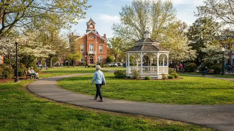 A small-town green with a white gazebo and a paved walking path in late afternoon spring light, a woman walking in the distance