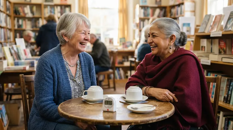 Two older women laughing together at a small round table with two covered teacups and a kitchen timer in a library
