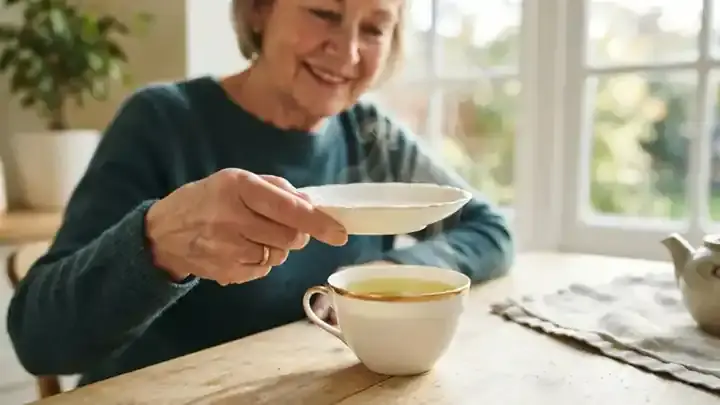 Steam curling up from a cup of golden-green tea as the saucer lid is lifted, slow zoom
