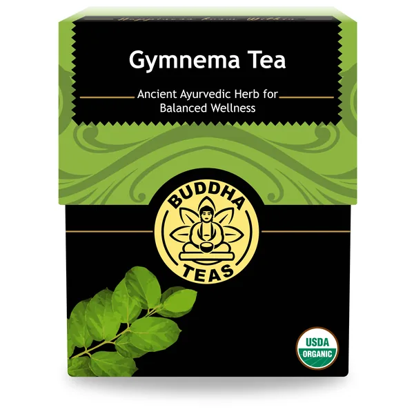 The Buddha Teas Gymnema Tea box, black with a green band and a round gold seal